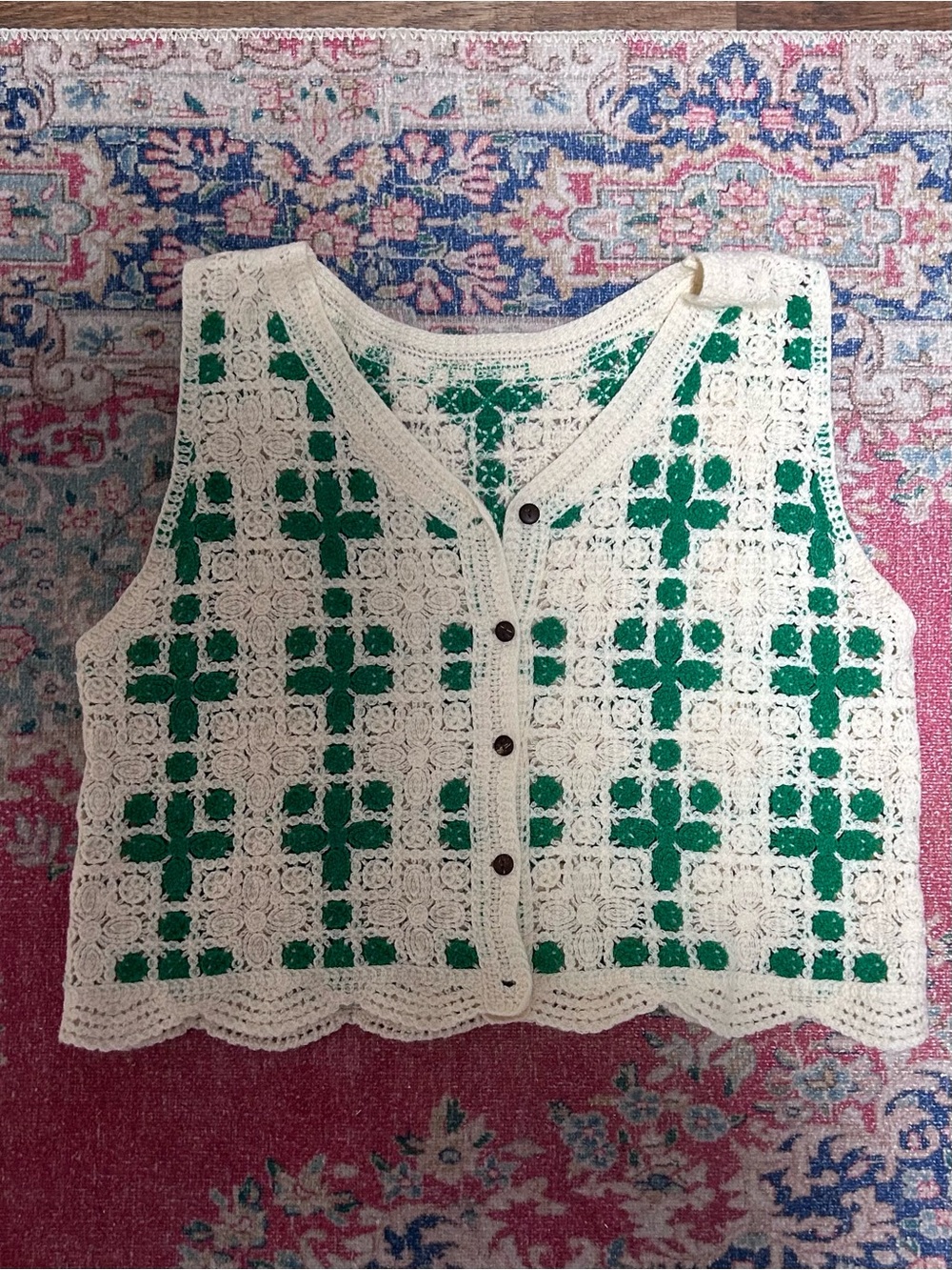 Crochet Button-Front Vest in Cream and Green